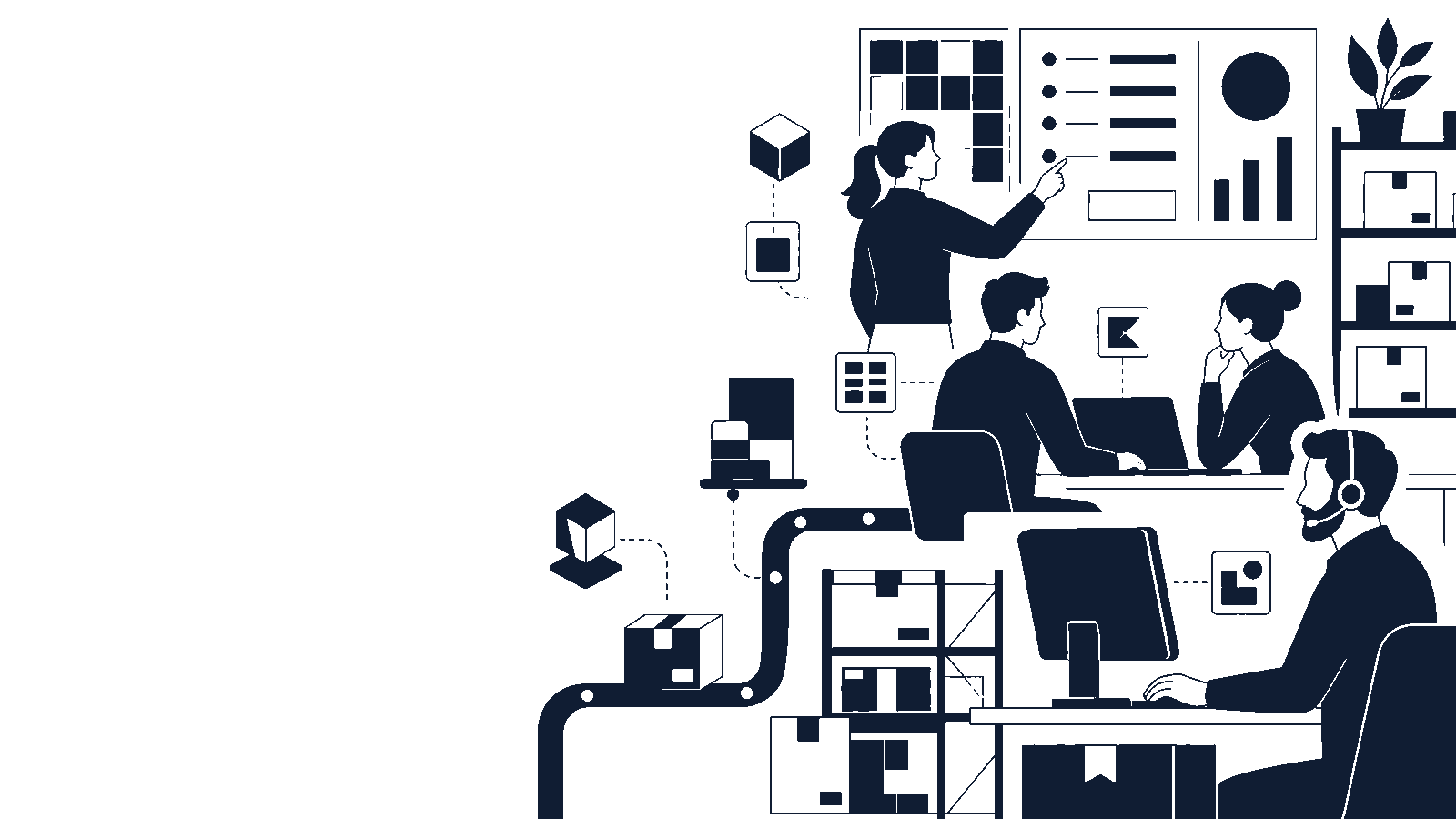 An ecommerce team directing AI agents across listings, reporting, and warehouse operations